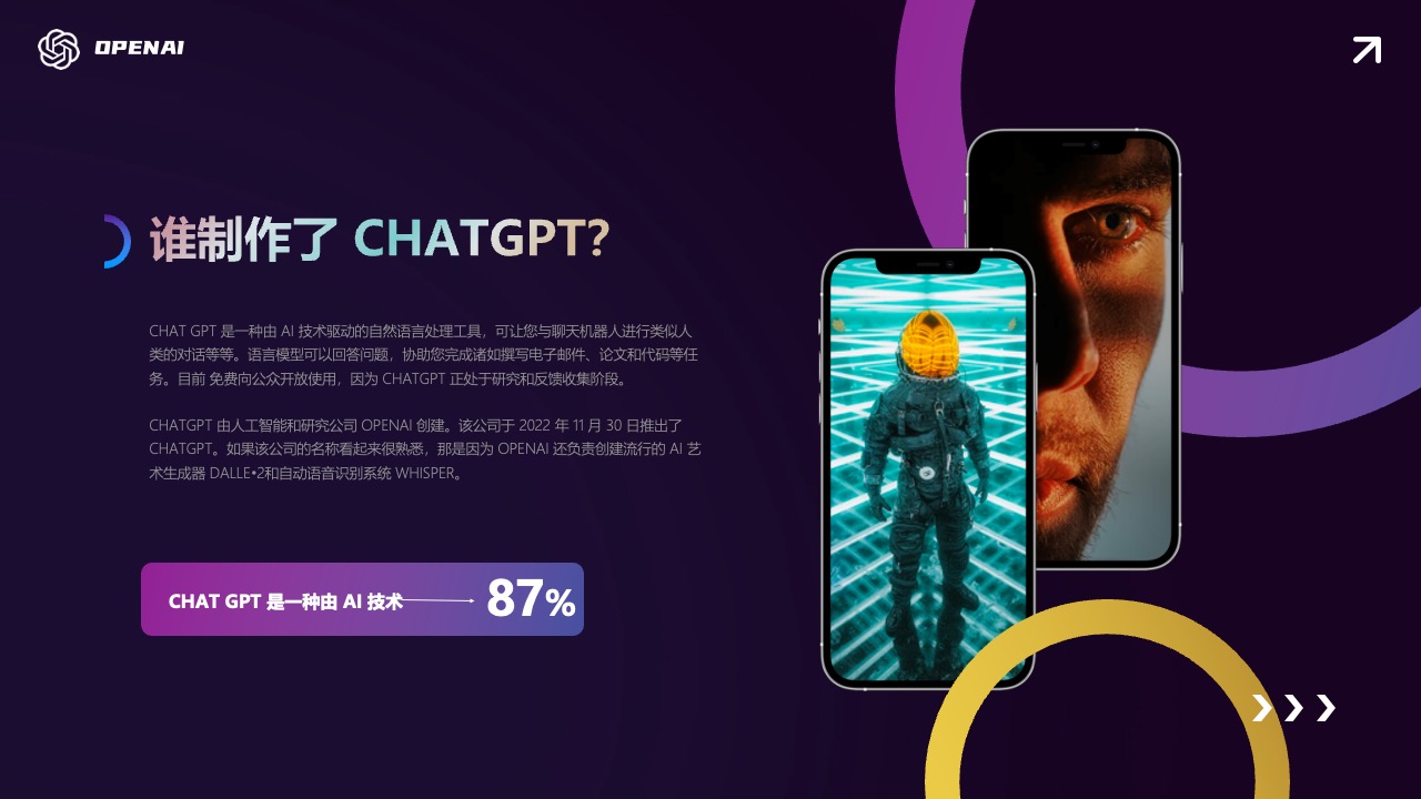 ChatGPT制作者介绍与AI技术应用前景PPT模板免费下载