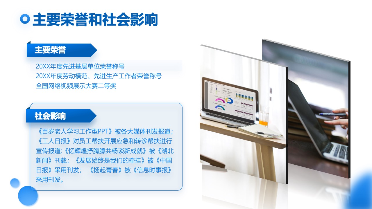 主要荣誉与社会影响展示PPT模板免费下载