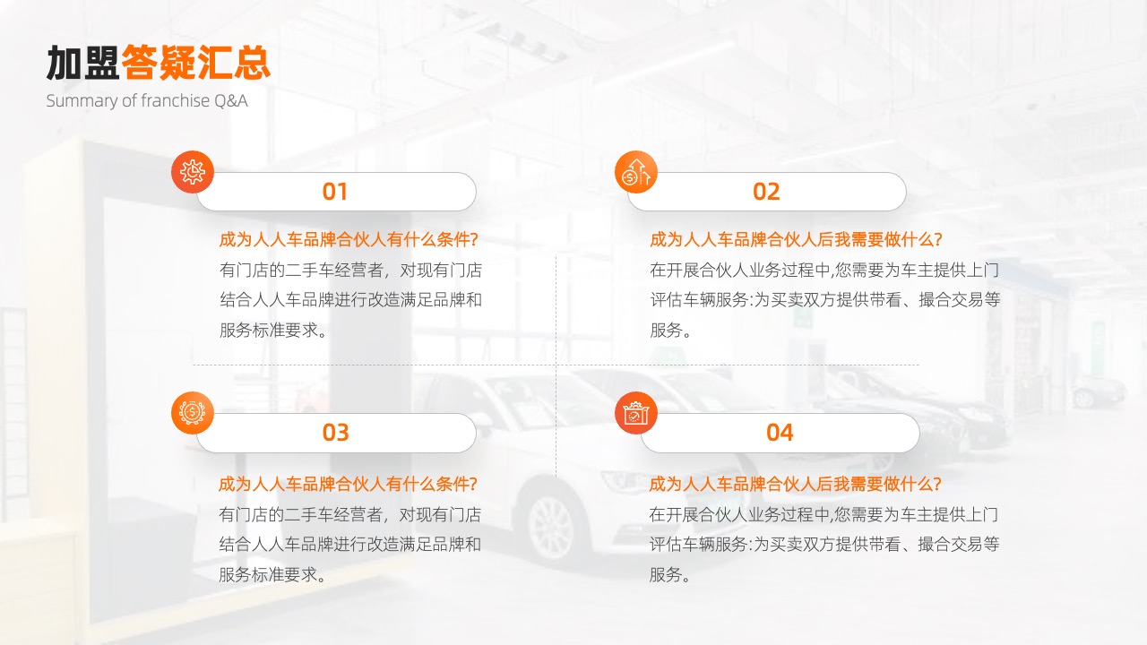 加盟答疑汇总：人人车品牌合作指南PPT模板免费下载