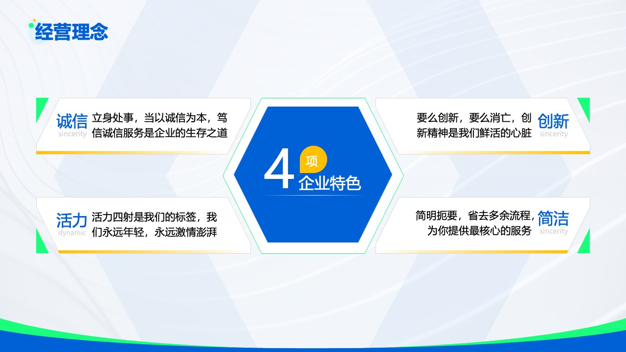经营理念：诚信、创新与活力PPT模板免费下载