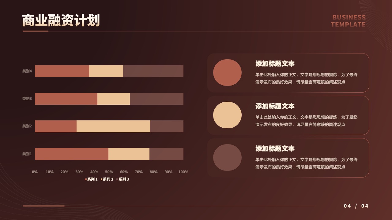 商业融资计划概览：类别区分与百分比展示PPT模板免费下载