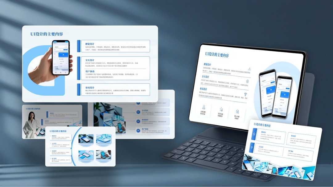 蓝色系图文混排设计合集PPT模板免费下载