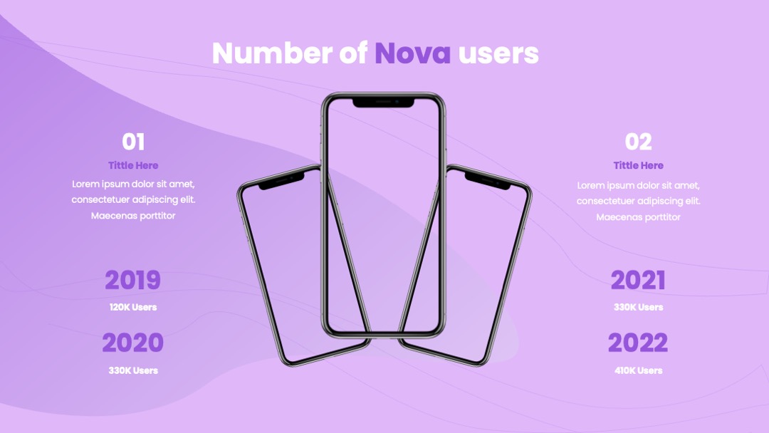 三手机展示紫色背景Nova应用用户数量统计页样机PPT模板免费下载