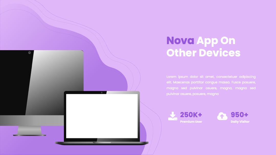 电脑展示紫色背景Nova应用跨设备展示页样机PPT模板免费下载
