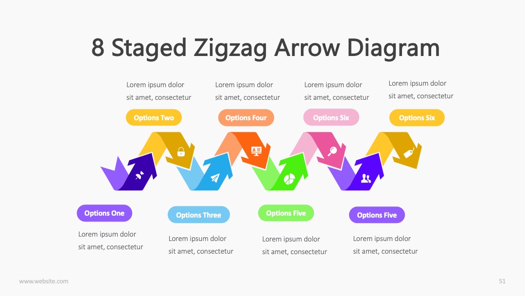 八阶段zigzag箭头流程展示PPT模板免费下载