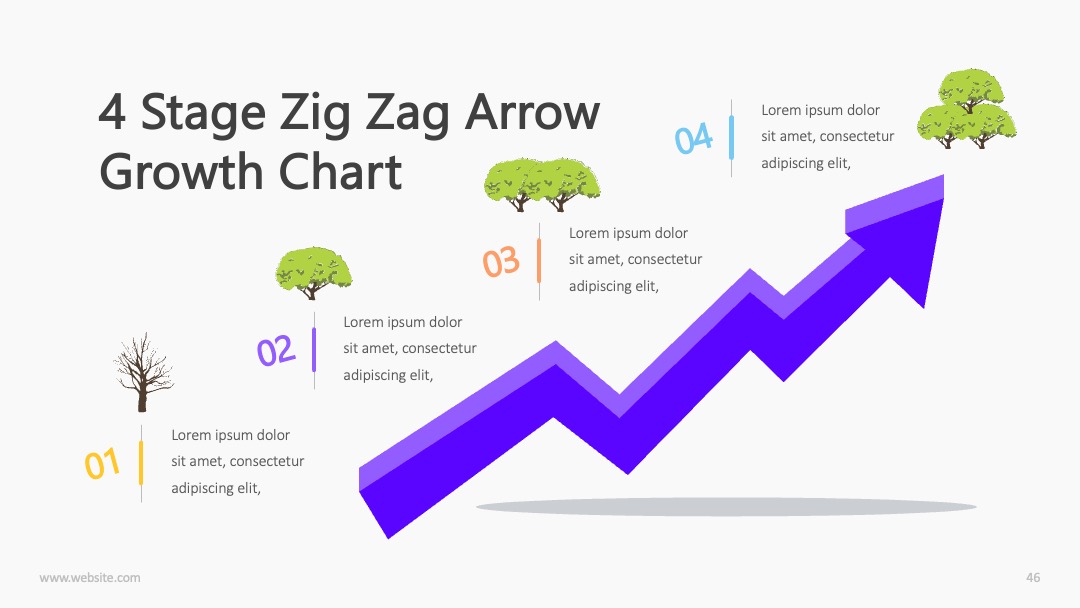 四阶段zigzag箭头成长图表PPT模板免费下载