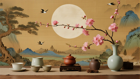 中式器物与山水壁画 宁静雅致场景画面料