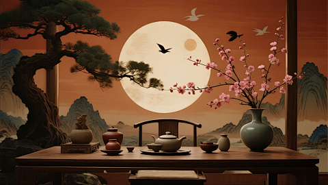 木质长桌中式器物 山水壁画传统场景画面报