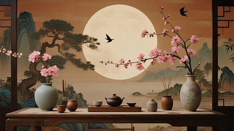 中式茶具与梅花 山水壁画宁静场景画面报