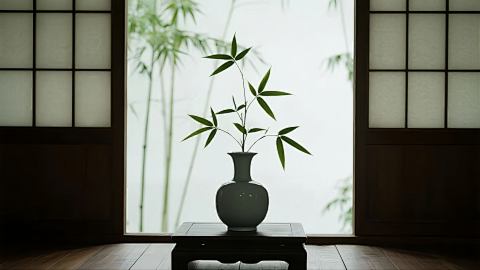 灰白陶瓶绿竹 日式格子窗静谧场景画面境