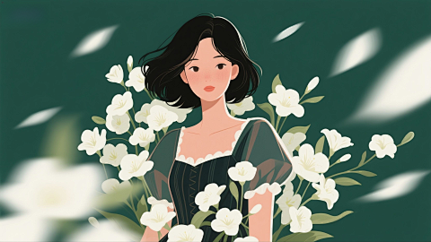 深绿背景白花环绕黑发女性特写插画图片