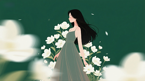 艺术感深绿底白花簇拥黑发女性插画图片