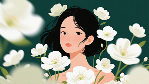 动态模糊深绿背景白花女性插画图片
