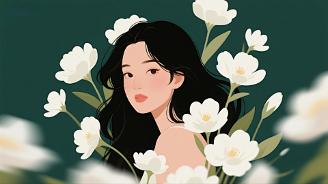 深绿底白花环绕黑发女性动态插画图片