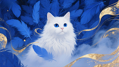 蓝羽环绕白猫油画风格华丽插画图片
