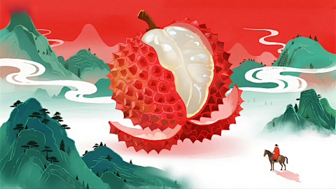 国风红底巨型荔枝与山峦使者图片