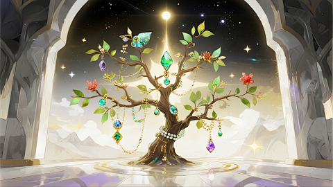 华丽宝石装饰苍天大树星空景图片