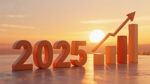 夕阳光天际线下 2025 与上升柱状图画面意