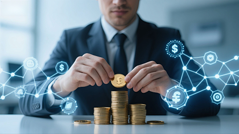 正装男士摆弄金币 金融科技氛围画面性