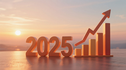 立体 2025 与上升图表 夕阳光背景画面意
