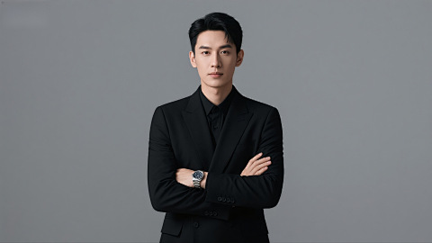 灰色背景黑西装男士双臂交叉图片