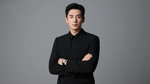 庄重正式黑西装男士立灰背景图片