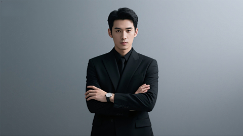 沉稳自信黑西装男士灰背景立图片