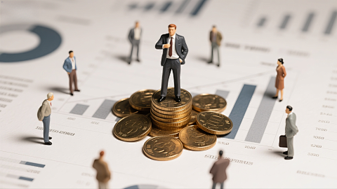 图表背景金币上自信西装男图片