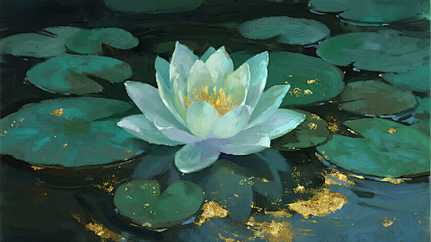 禅意睡莲 金箔岩彩质感艺术画面景