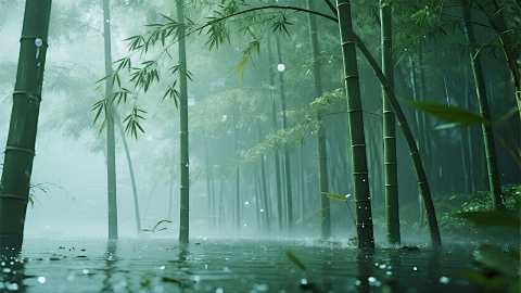雨中竹林 水边远景摄影画面料