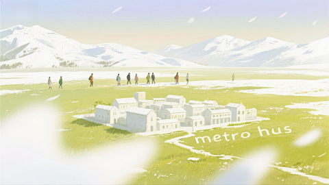 草原雪山光影插画画面