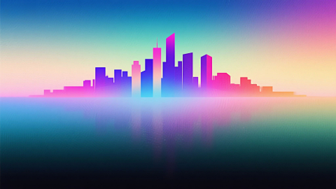 炫彩渐变背景，几何城市剪影弥散画面力