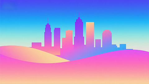 磨砂渐变背景，炫彩弥散城市剪影画面景