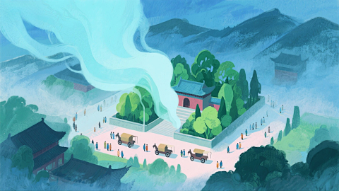 水彩晕染青烟 蓝绿渐变寺庙人流海报画面围