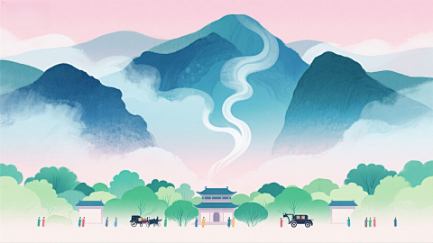 水彩晕染青烟 蓝绿渐变寺庙人流海报围