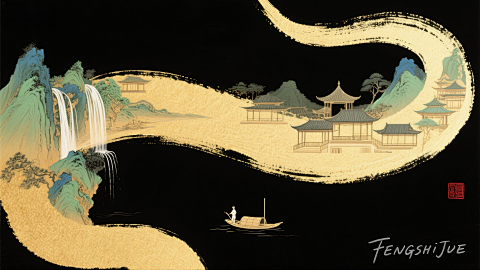 水墨弧线叠加山水 极简主义艺术插画用